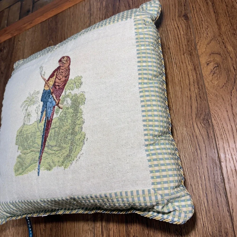 DakotaH Parrot Tapestry Throw Pillow Tropical Gingham Border Blue Green 15x15